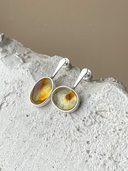 Clear amber stud earrings - Sterling silver - Mismatched earrings collection
