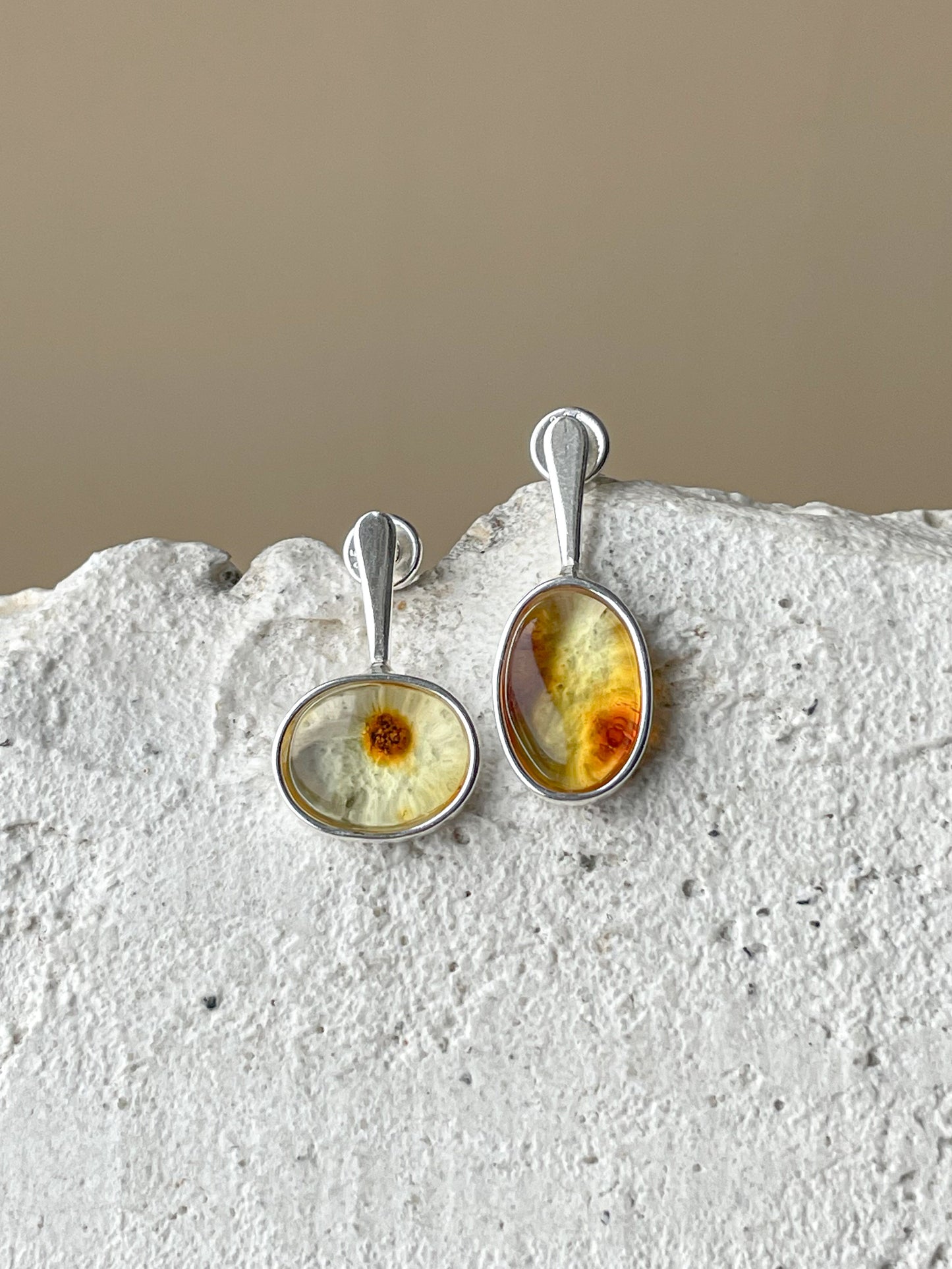 Clear amber stud earrings - Sterling silver - Mismatched earrings collection