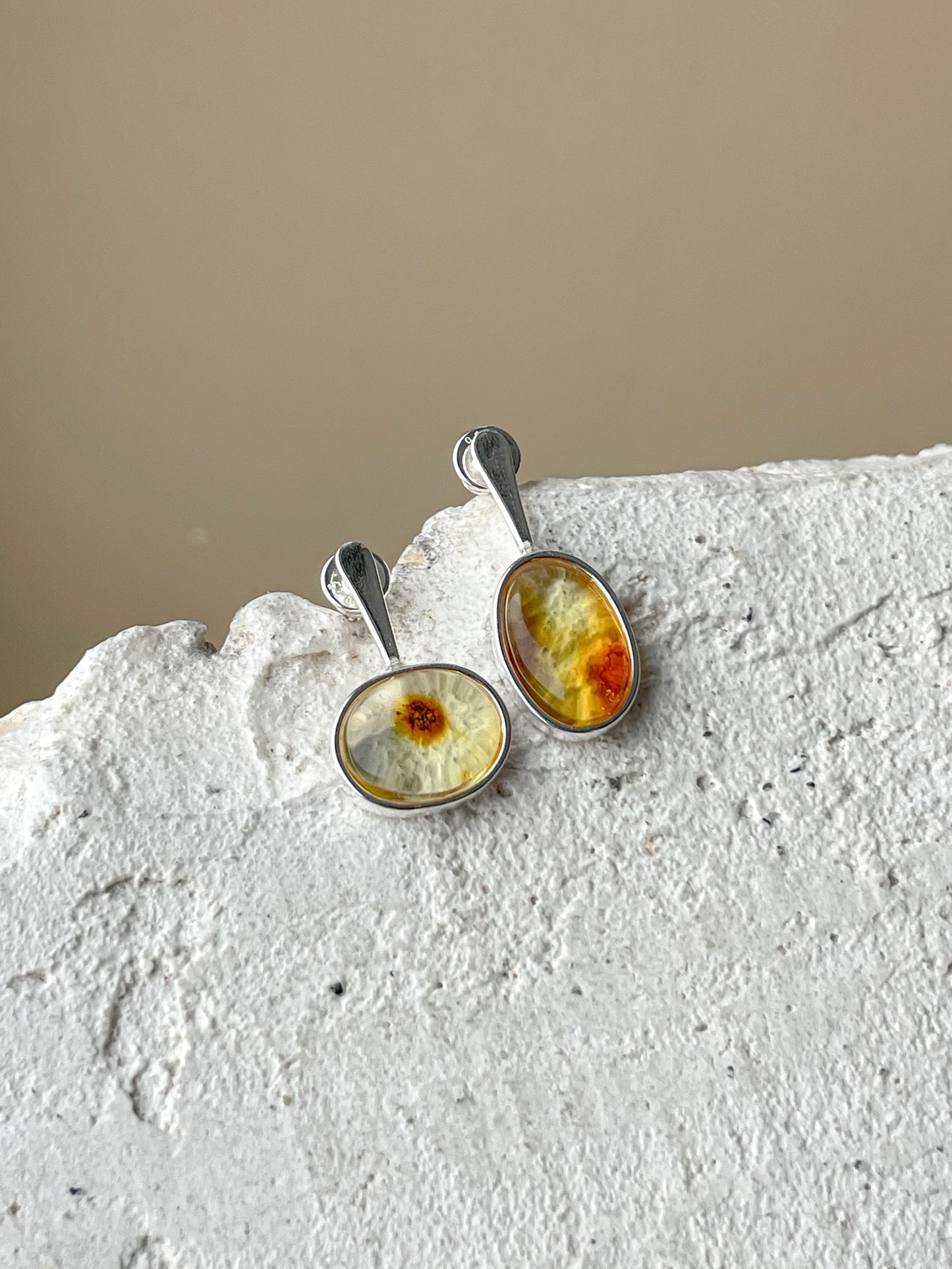 Clear amber stud earrings - Sterling silver - Mismatched earrings collection