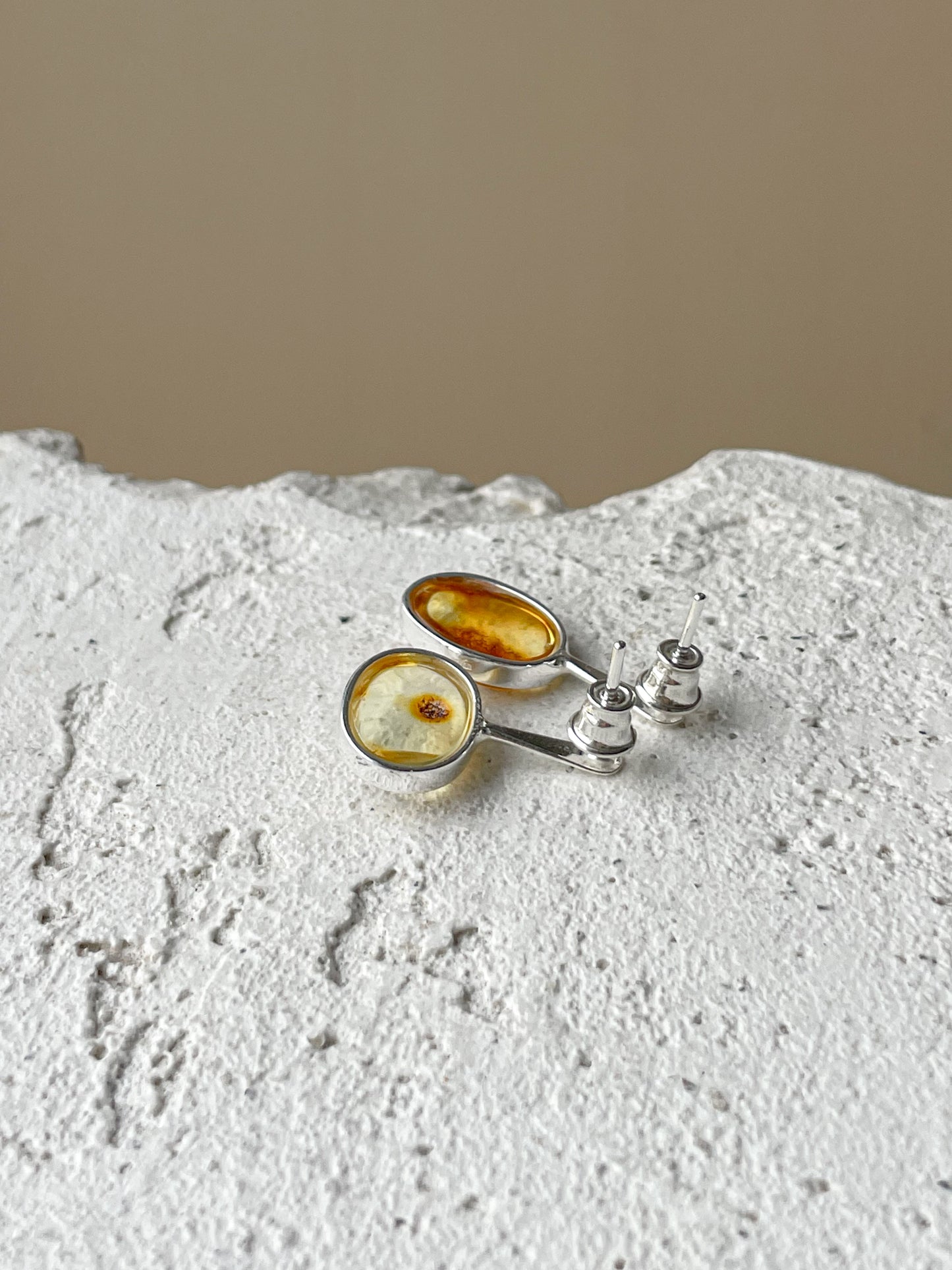 Clear amber stud earrings - Sterling silver - Mismatched earrings collection