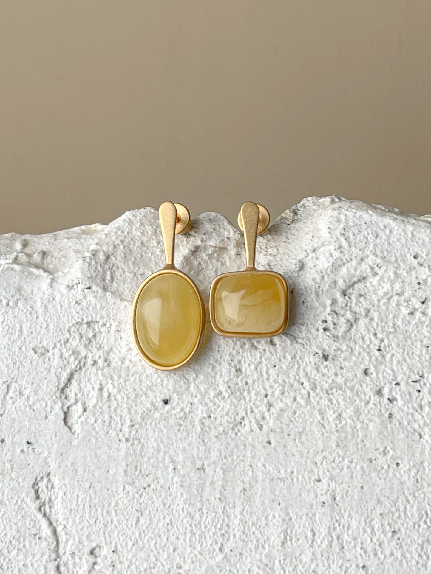 Butterscotch amber stud earrings - Gold plated silver - Mismatched earrings collection