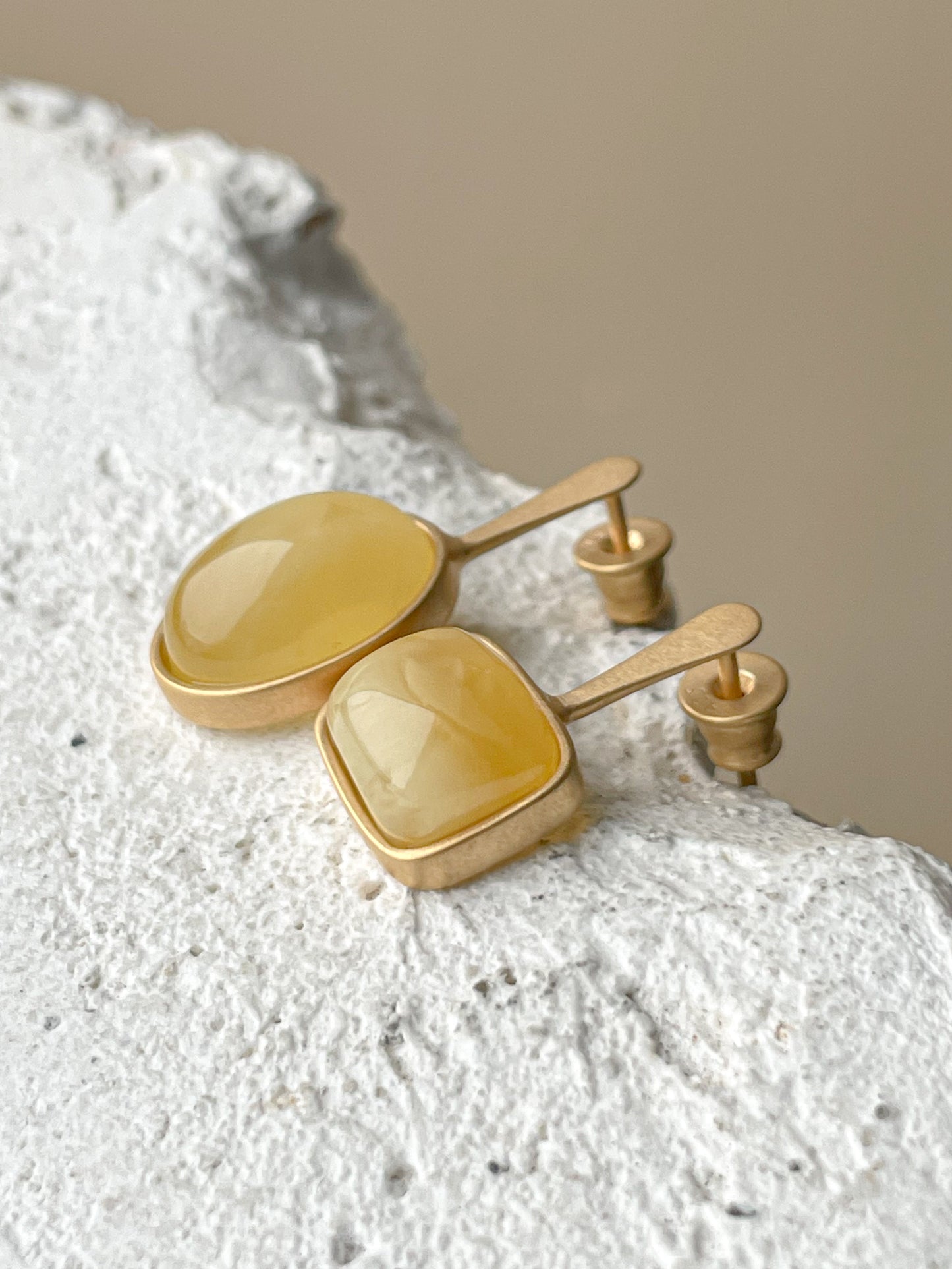 Butterscotch amber stud earrings - Gold plated silver - Mismatched earrings collection