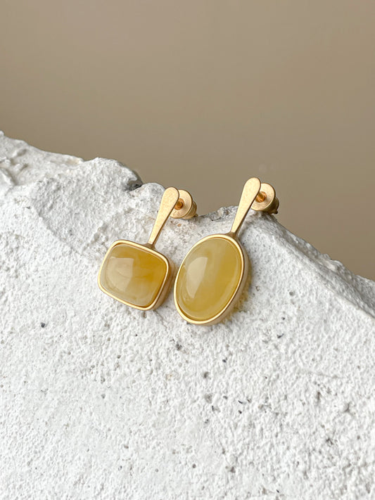 Butterscotch amber stud earrings - Gold plated silver - Mismatched earrings collection