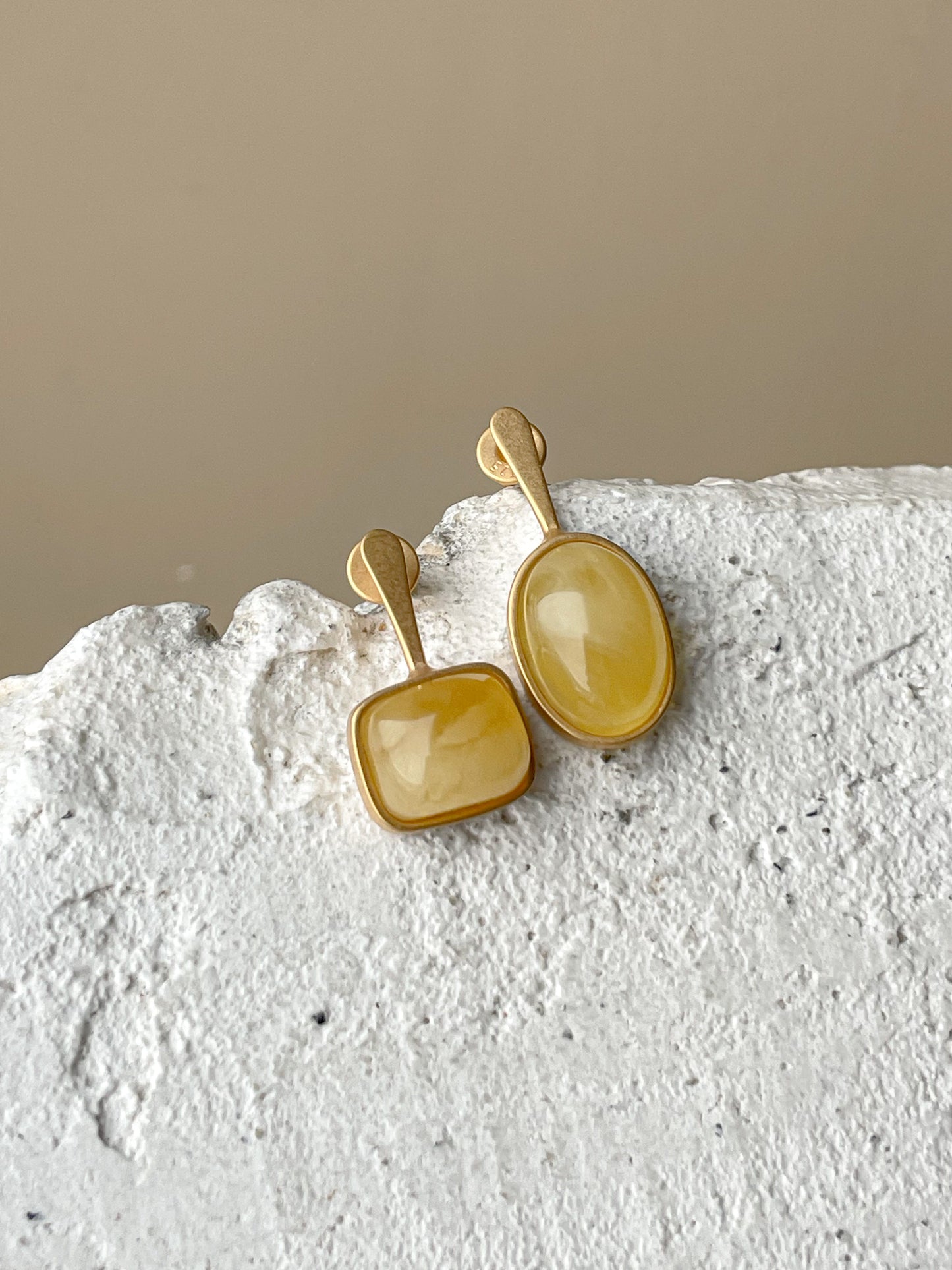 Butterscotch amber stud earrings - Gold plated silver - Mismatched earrings collection