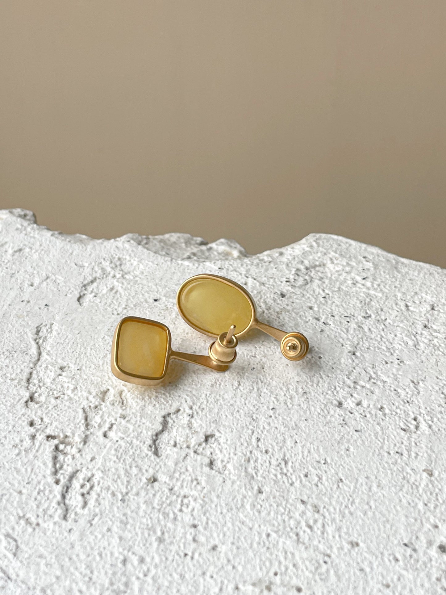 Butterscotch amber stud earrings - Gold plated silver - Mismatched earrings collection