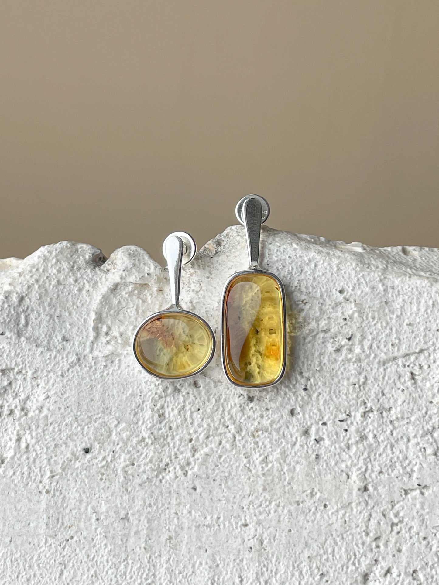 Sterling silver mismatched amber stud earrings