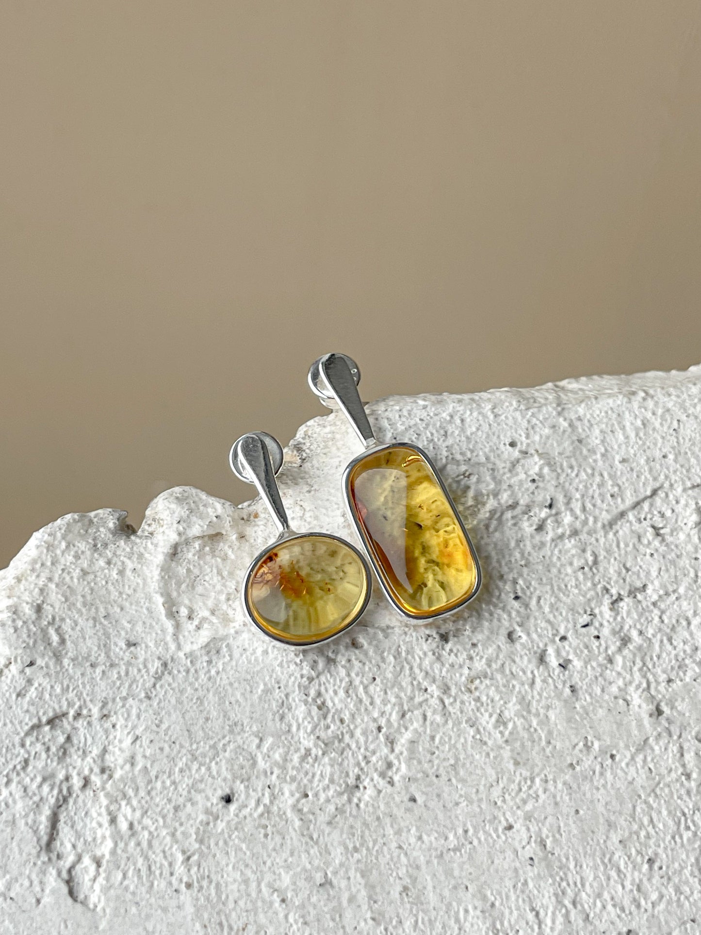 Sterling silver mismatched amber stud earrings