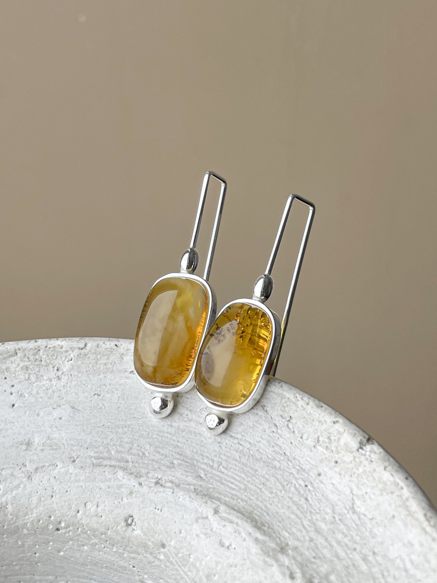 Honey amber dangle earrings - Sterling silver - Mismatched earrings collection