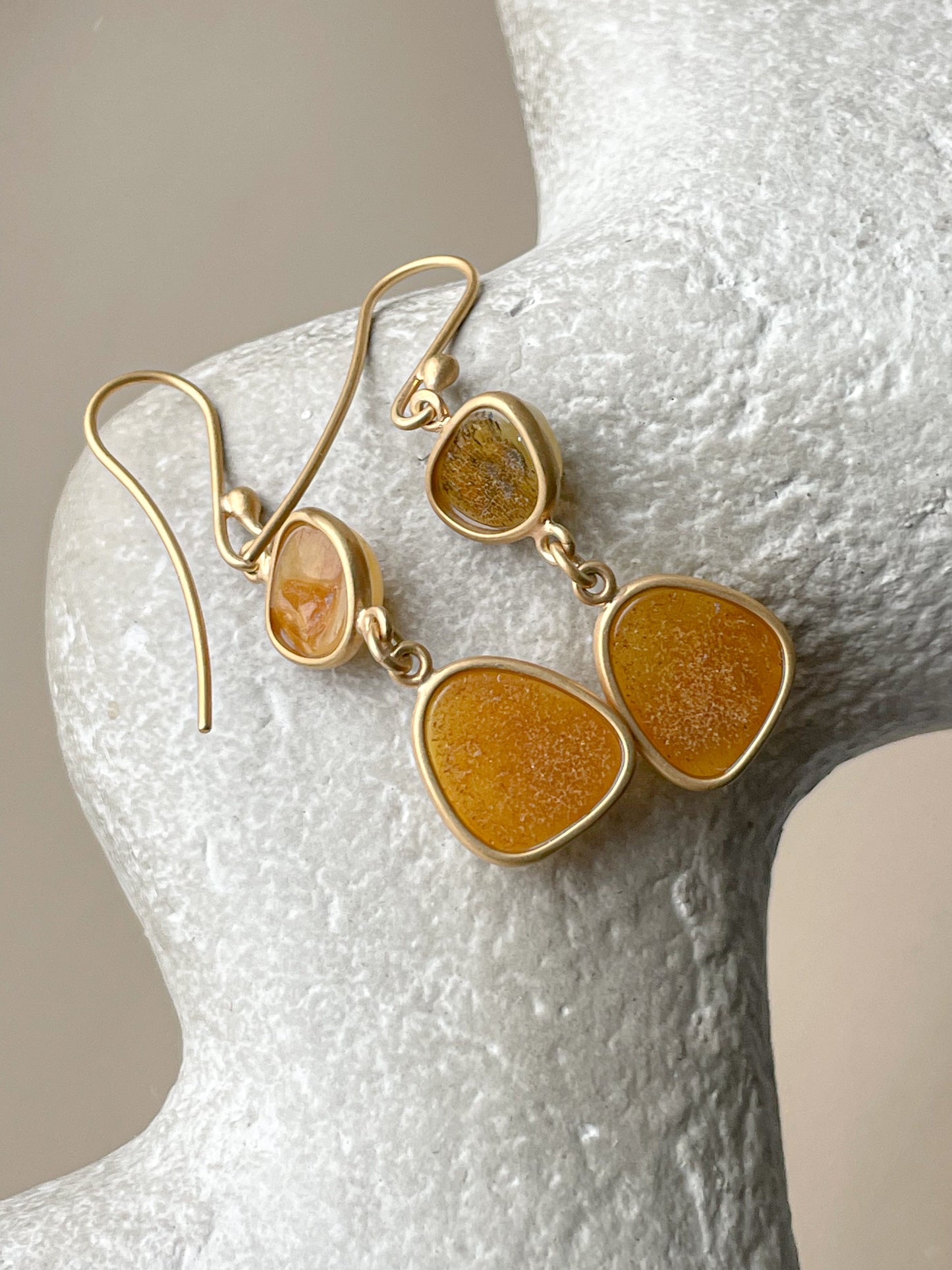 Dangle gold plated amber earrings, sterling silver