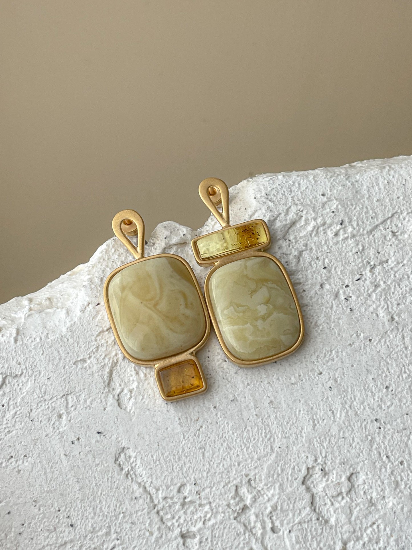 Butterscotch amber stud earrings - Gold plated silver - Mismatched earrings collection