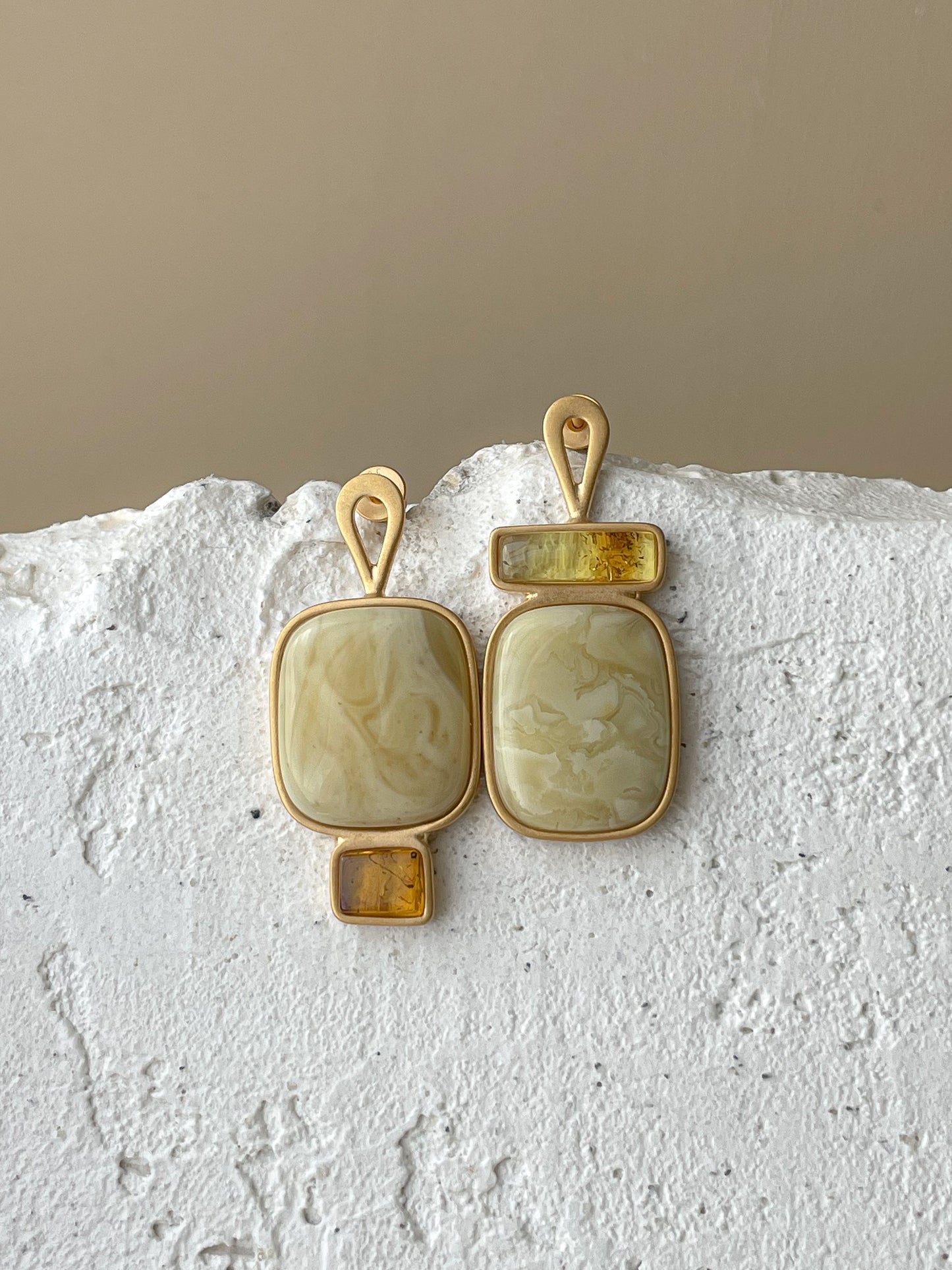 Butterscotch amber stud earrings - Gold plated silver - Mismatched earrings collection