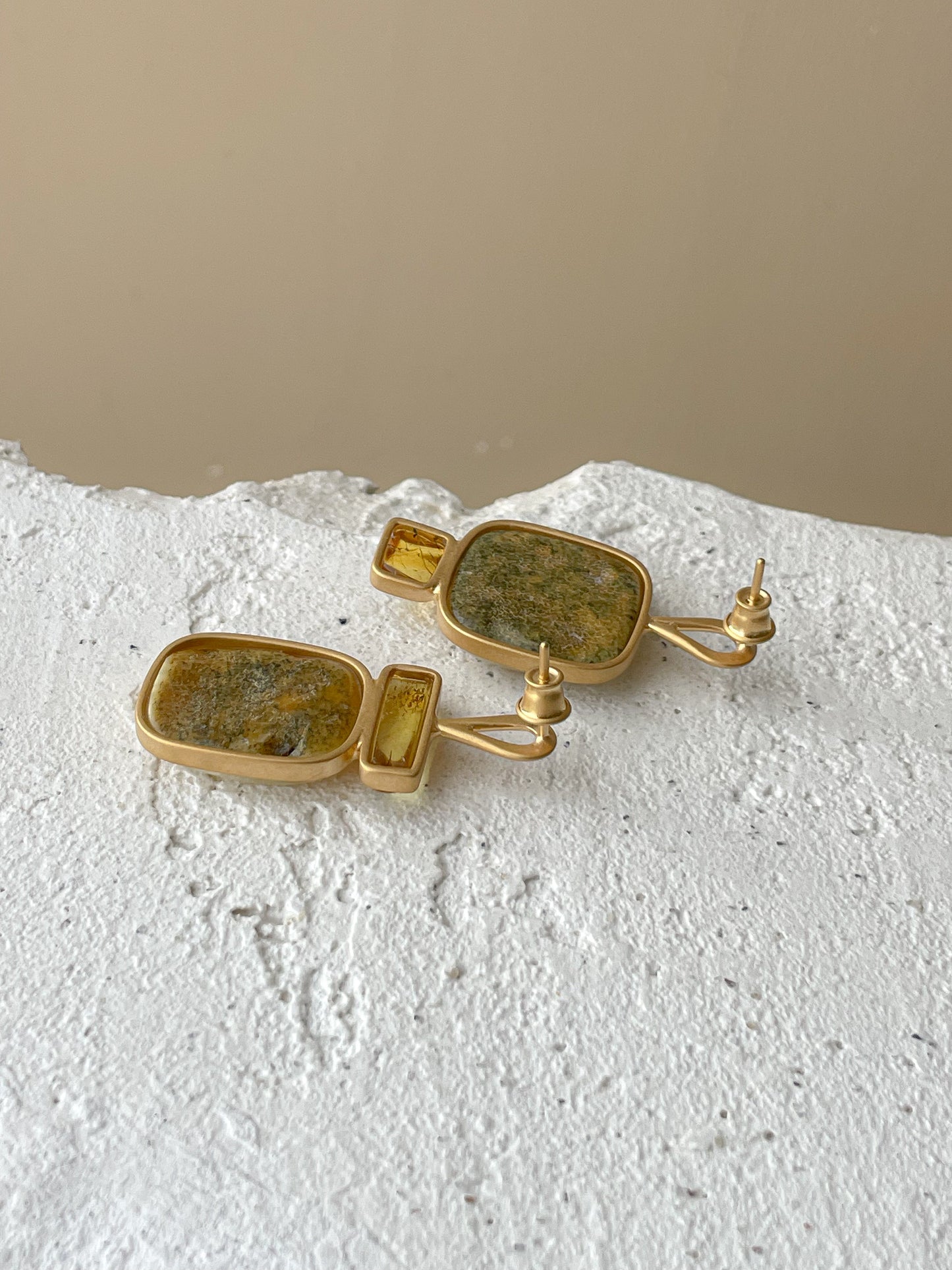 Butterscotch amber stud earrings - Gold plated silver - Mismatched earrings collection