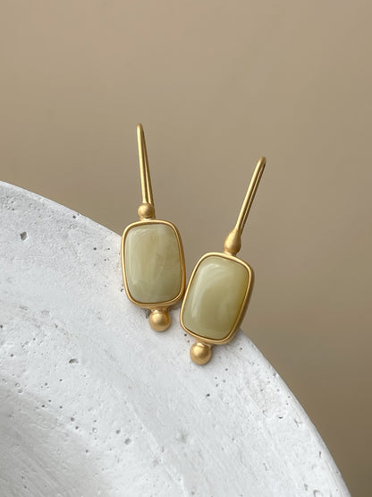 Green amber earrings - Gold plated silver - Hook earrings collection