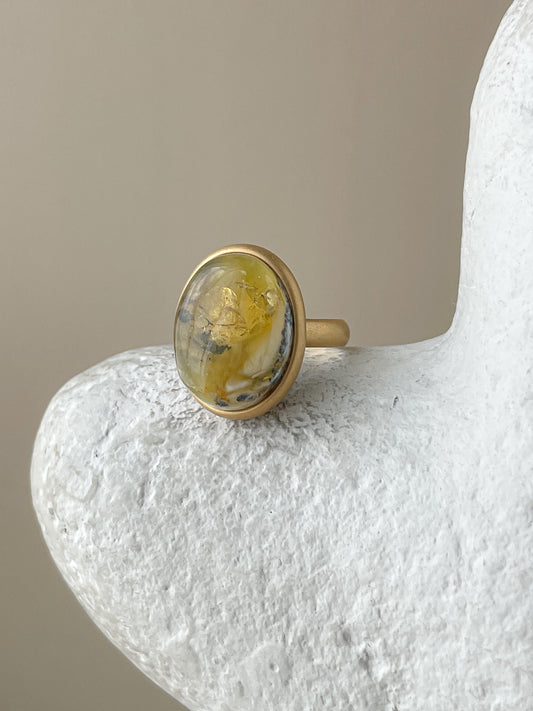 Green amber ring - Gold plated silver - Large ring collection - Size 7