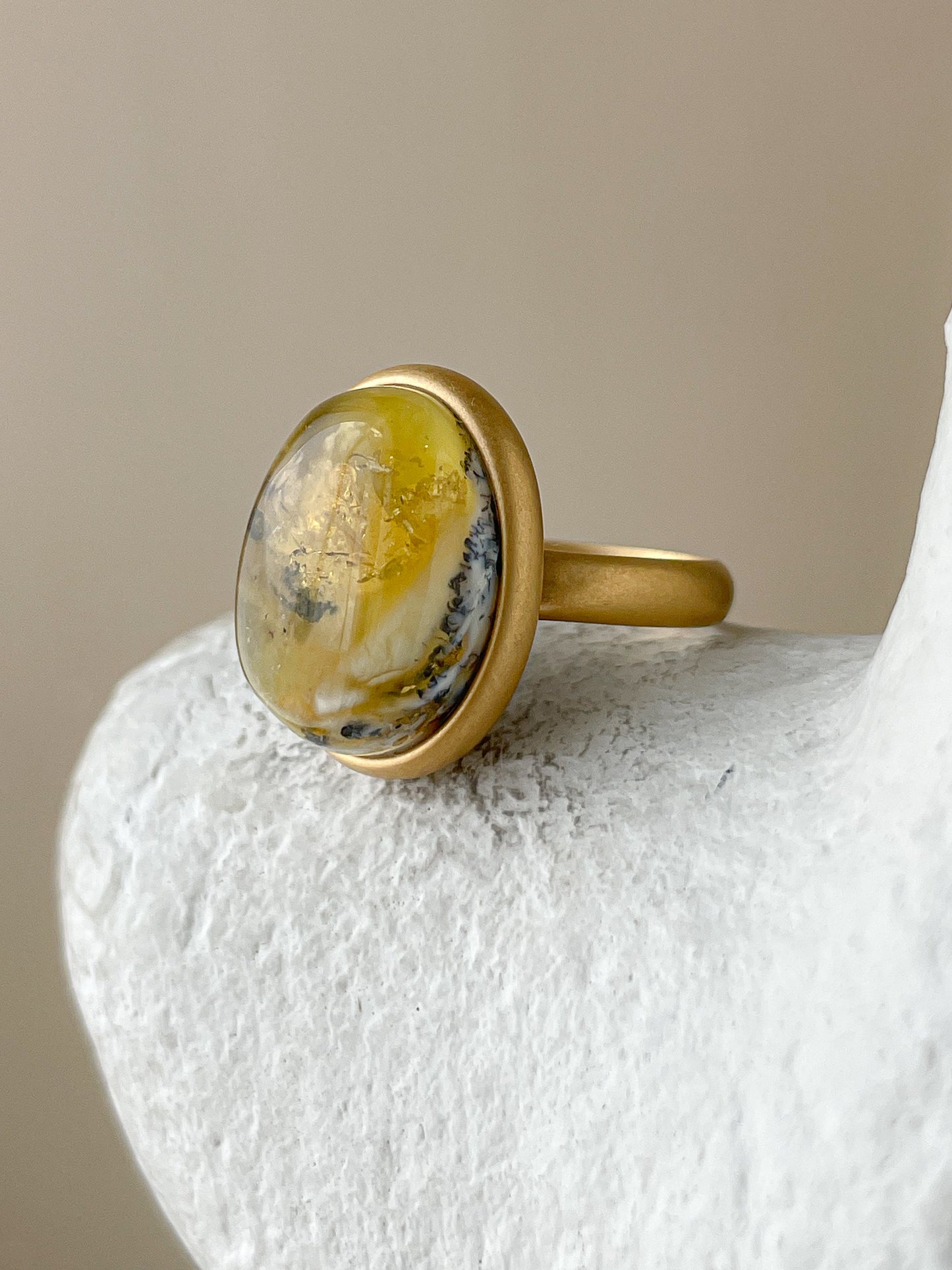 Green amber ring - Gold plated silver - Large ring collection - Size 7