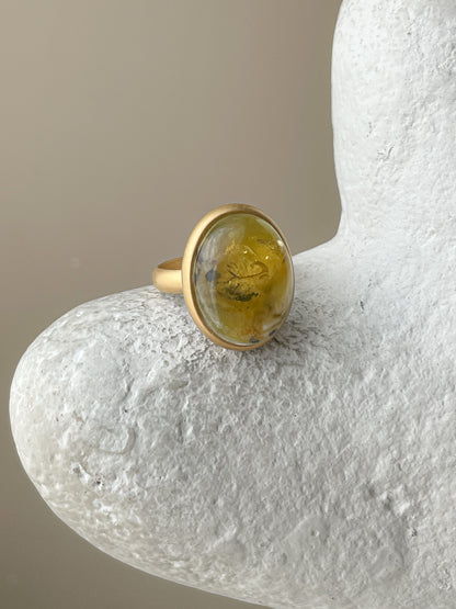 Green amber ring - Gold plated silver - Large ring collection - Size 7