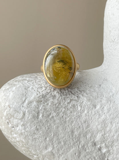 Green amber ring - Gold plated silver - Large ring collection - Size 7