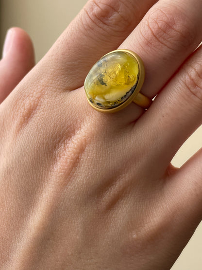 Green amber ring - Gold plated silver - Large ring collection - Size 7