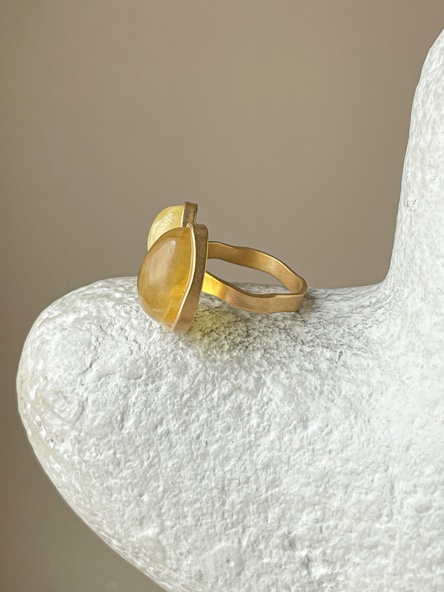 Honey amber ring- Gold plated silver - Double stone ring collection - Size 6