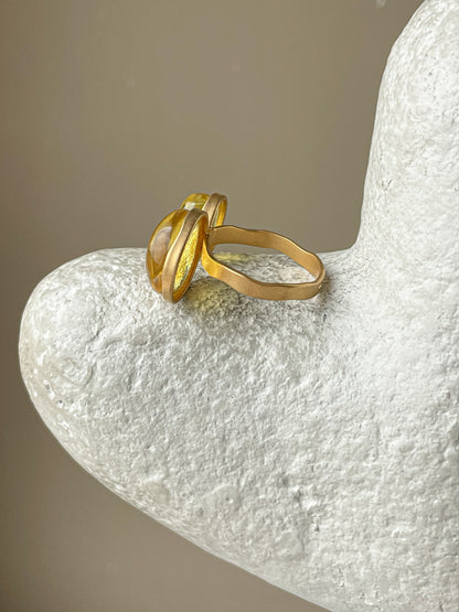 Honey amber ring- Gold plated silver - Double stone ring collection - Size 7 1/2