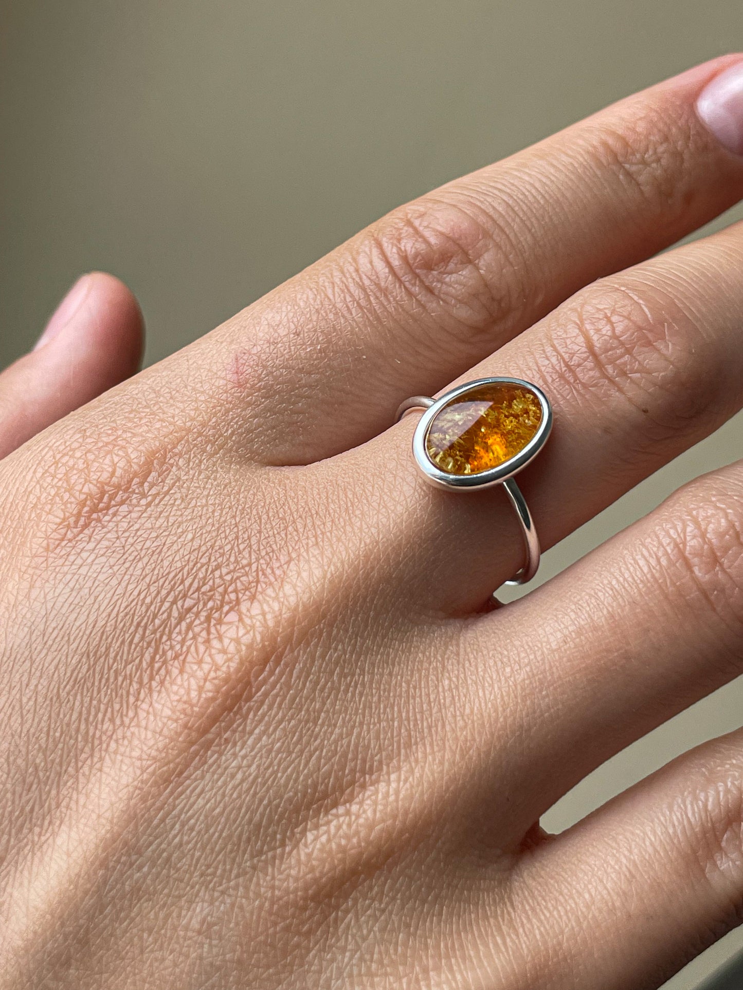 Red amber ring- Sterling silver - Thin ring collection