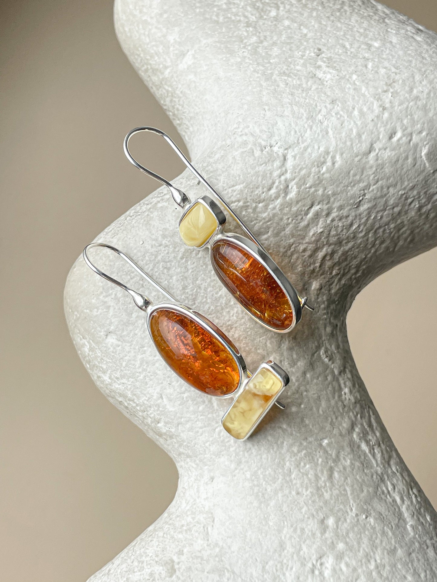 Amber dangle earrings - Sterling silver - Mismatched earrings collection