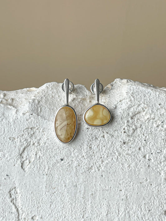 Matte amber stud earrings - Sterling silver - Mismatched earrings collection