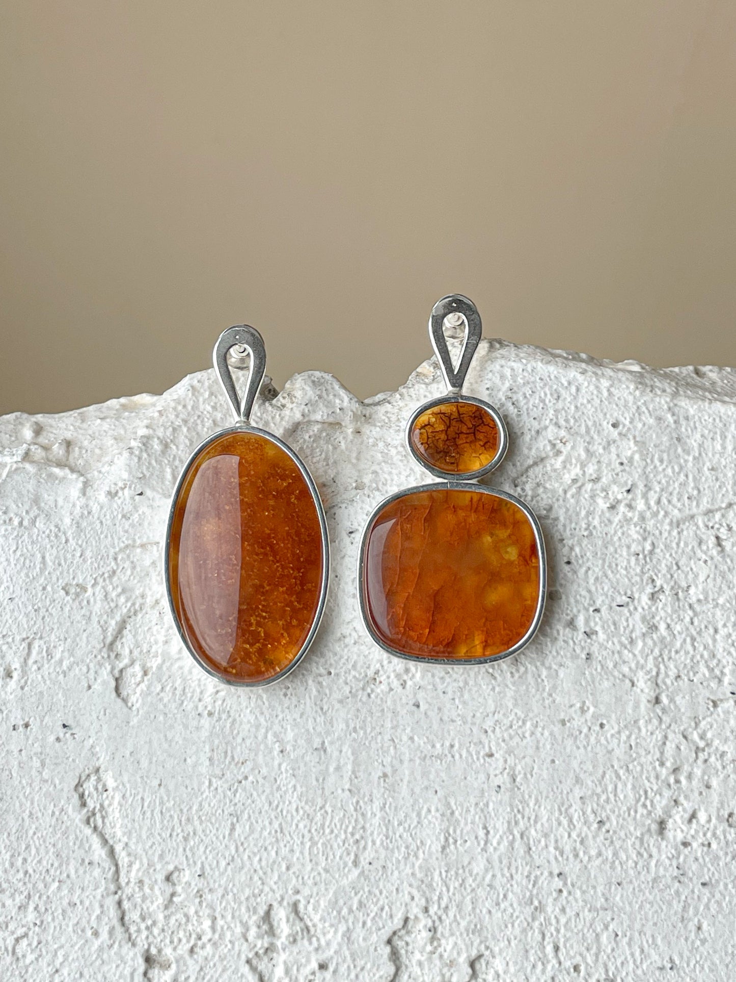 Cognac amber stud earrings - Sterling silver - Mismatched earrings collection