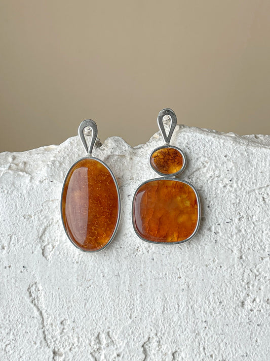 Cognac amber stud earrings - Sterling silver - Mismatched earrings collection