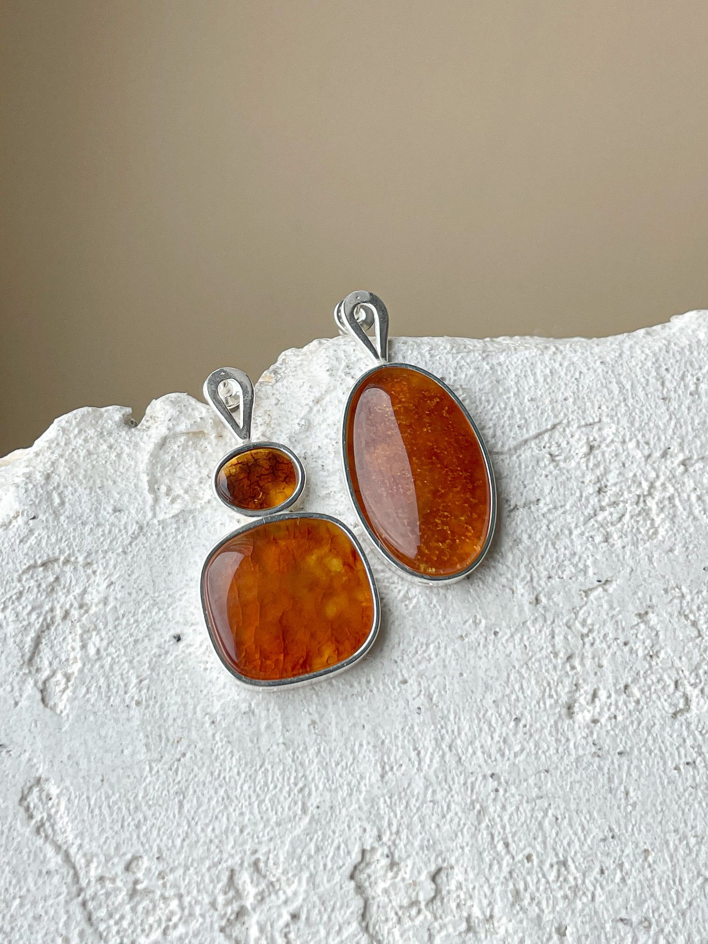 Cognac amber stud earrings - Sterling silver - Mismatched earrings collection