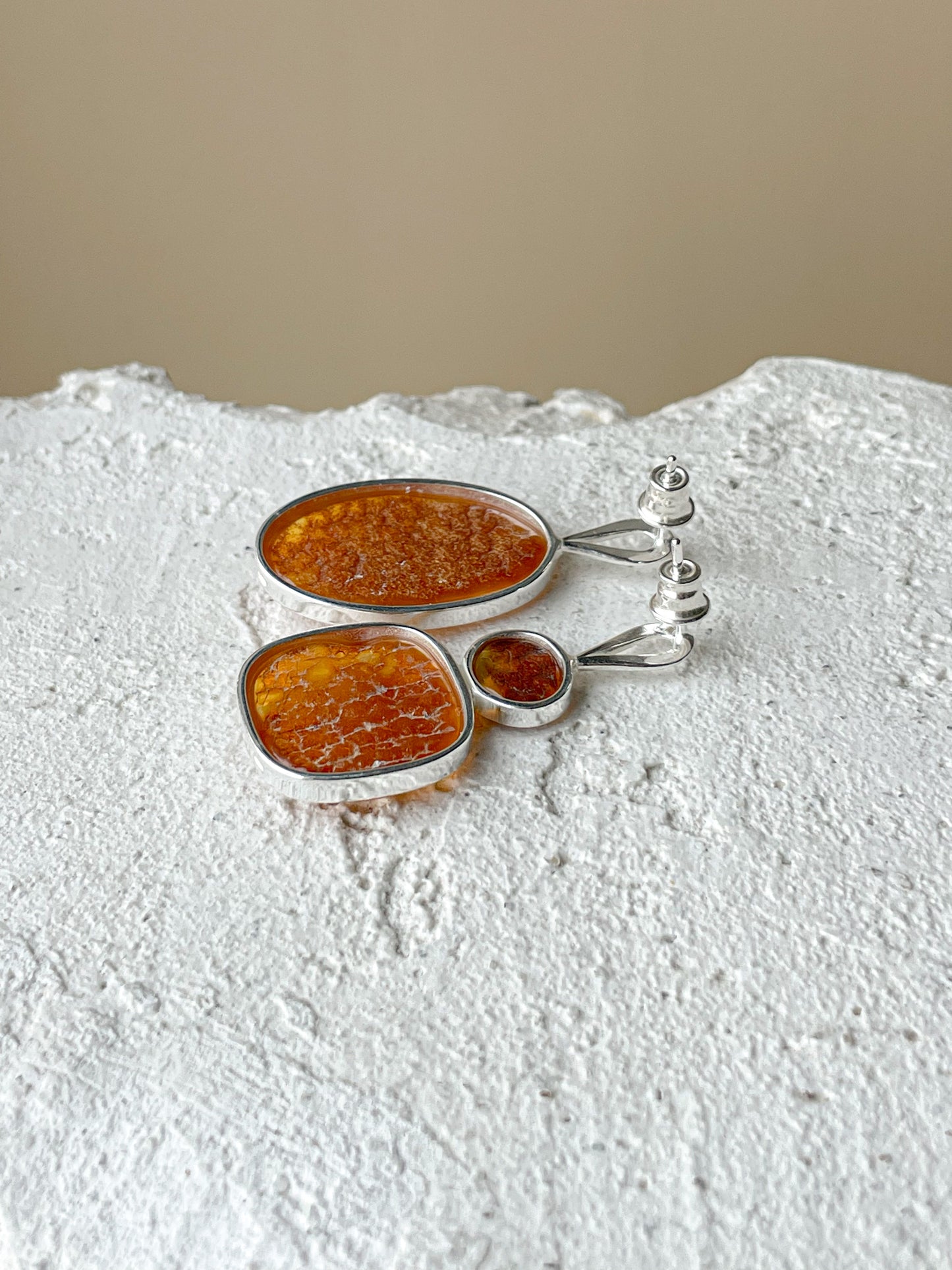 Cognac amber stud earrings - Sterling silver - Mismatched earrings collection