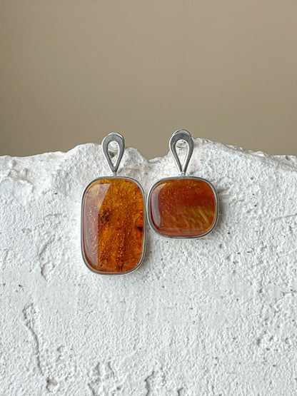 Cognac amber stud earrings - Sterling silver - Mismatched earrings collection