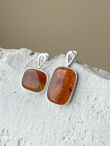 Cognac amber stud earrings - Sterling silver - Mismatched earrings collection