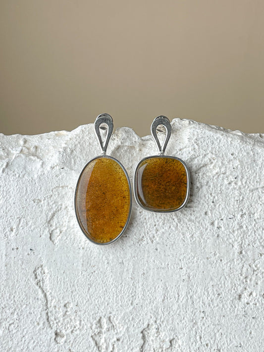 Cognac amber stud earrings - Sterling silver - Mismatched earrings collection