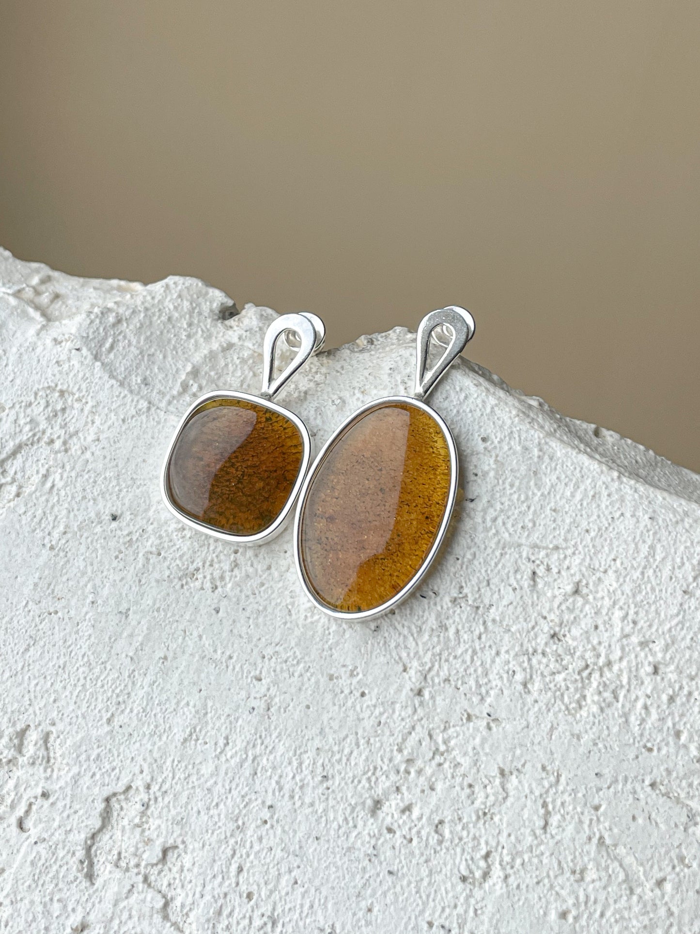 Cognac amber stud earrings - Sterling silver - Mismatched earrings collection