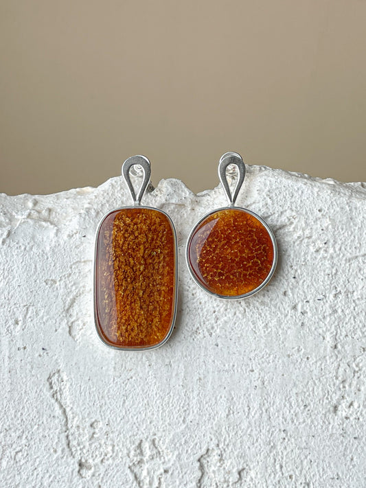 Cognac amber stud earrings - Sterling silver - Mismatched earrings collection