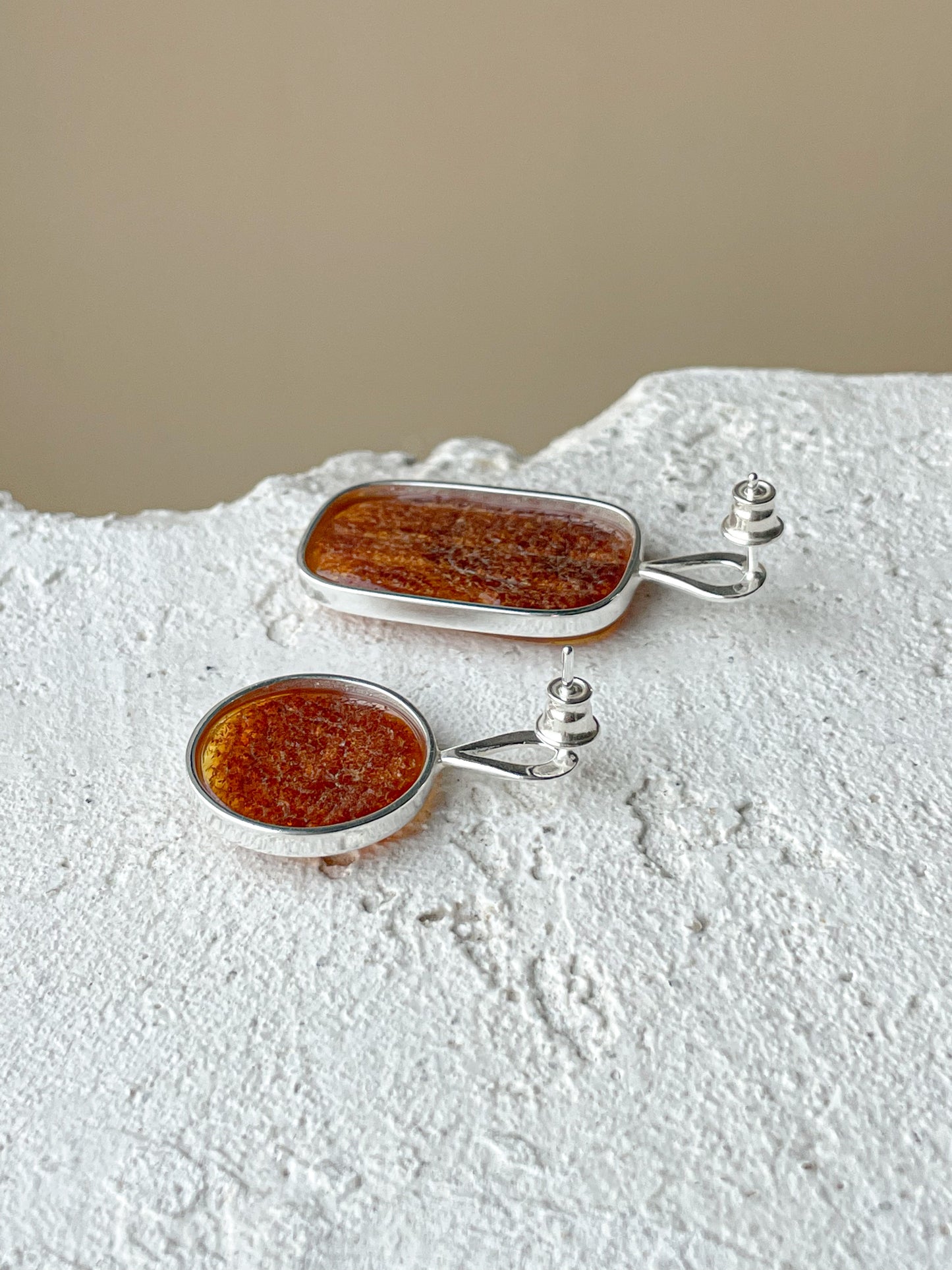 Cognac amber stud earrings - Sterling silver - Mismatched earrings collection