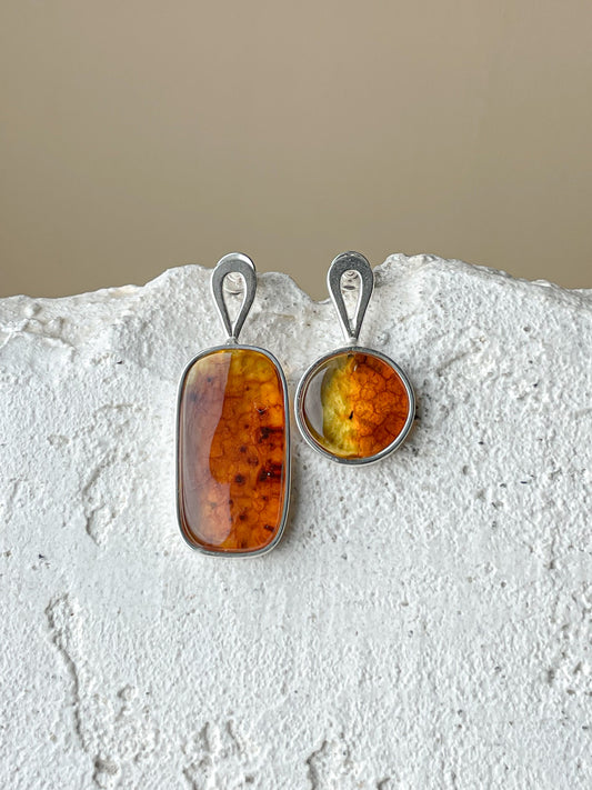 Cognac amber stud earrings - Sterling silver - Mismatched earrings collection