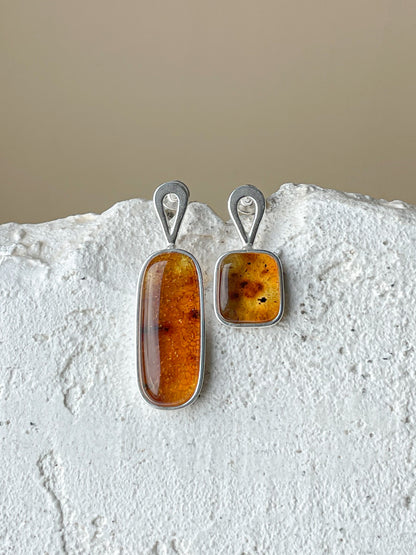 Cognac amber stud earrings - Sterling silver - Mismatched earrings collection