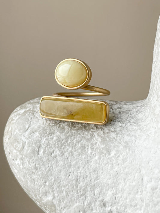Matte amber ring - Gold plated Silver - Double stone ring collection - Size 7 3/4