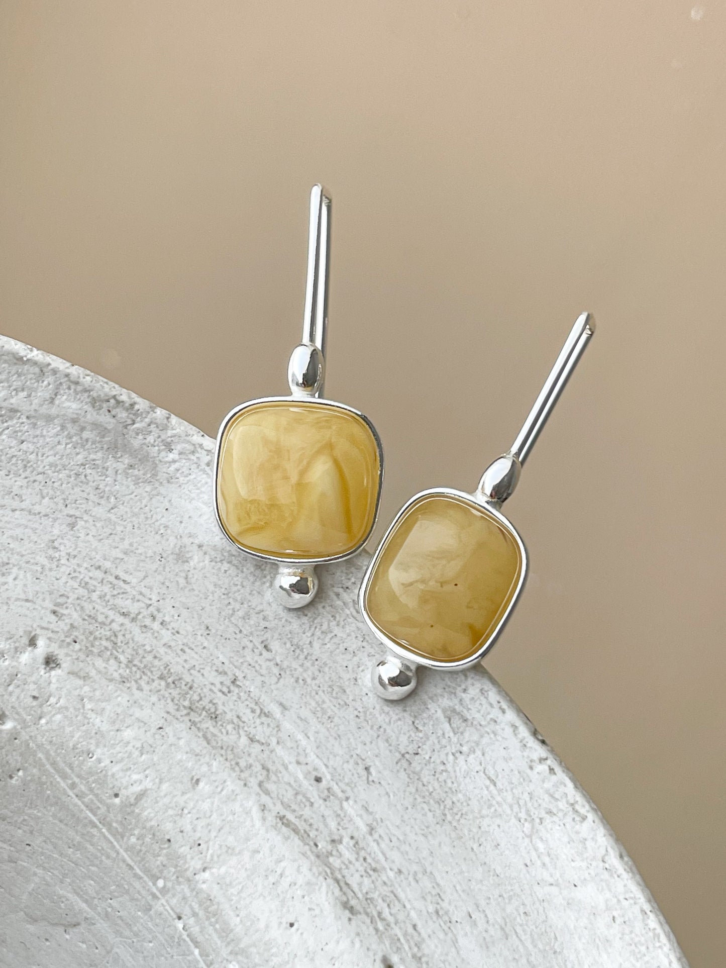 Matte amber dangle earrings - Sterling silver - Mismatched earrings collection