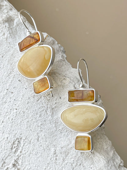 Natural amber dangle earrings - Sterling silver - Multicolor earrings collection