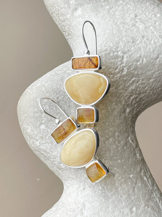 Natural amber dangle earrings - Sterling silver - Multicolor earrings collection