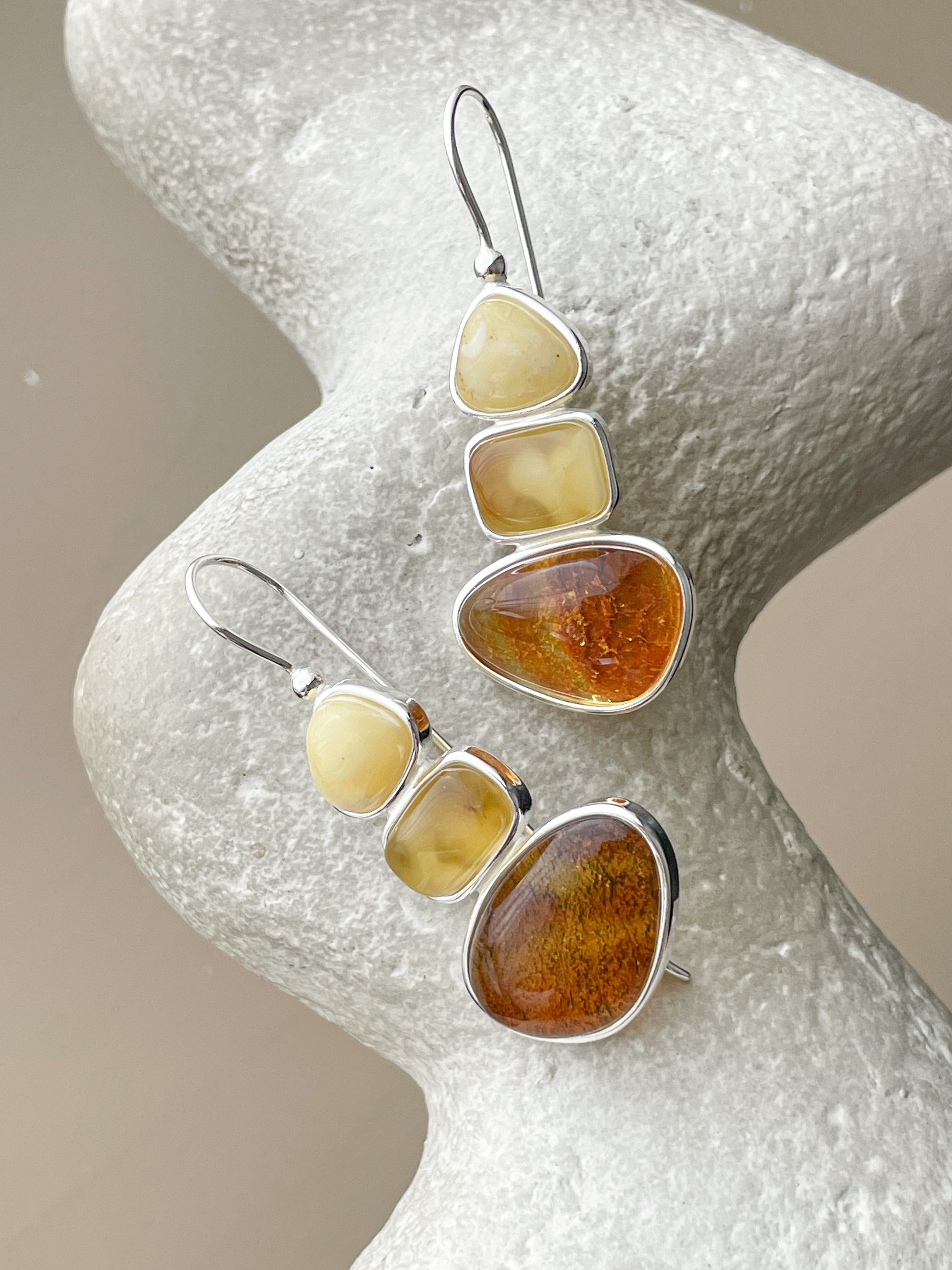 Natural amber dangle earrings - Sterling silver - Multicolor earrings collection