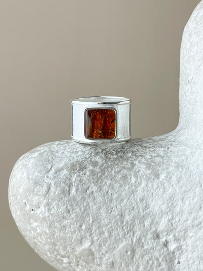 Cognac amber ring - Sterling silver - Statement ring collection - Size 6 1/2