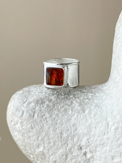Cognac amber ring - Sterling silver - Statement ring collection - Size 6 1/2