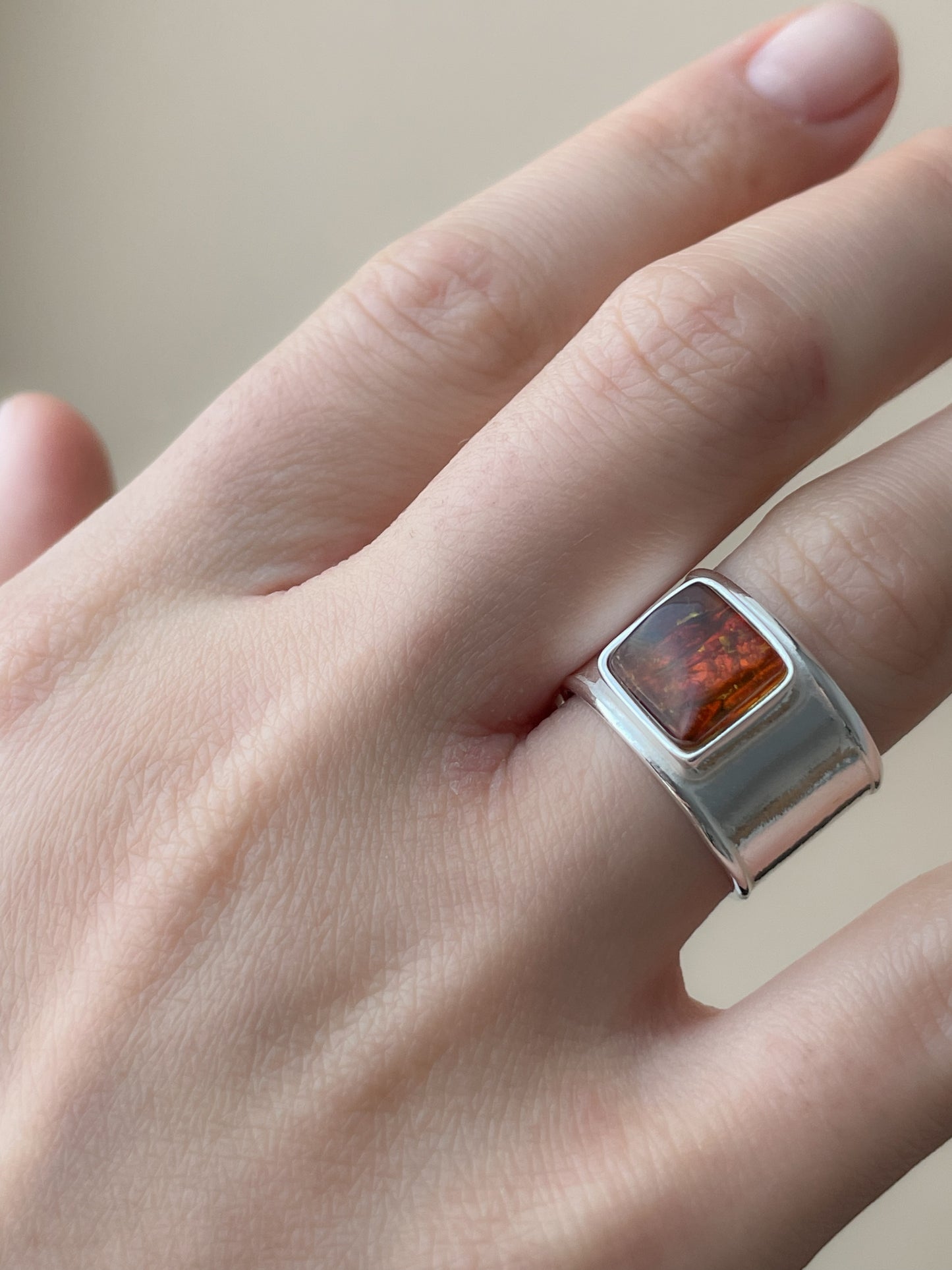 Cognac amber ring - Sterling silver - Statement ring collection - Size 6 1/2