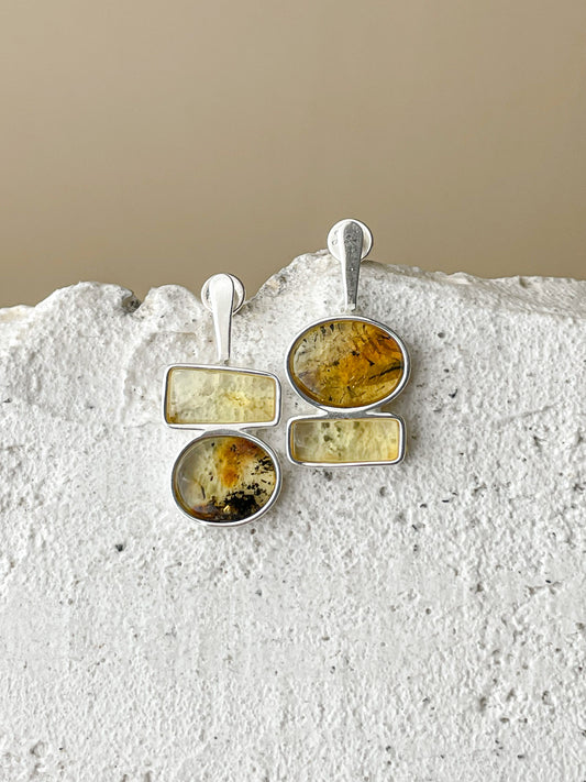 Multicolor amber stud earrings - Gold plated silver - Mismatched earrings collection