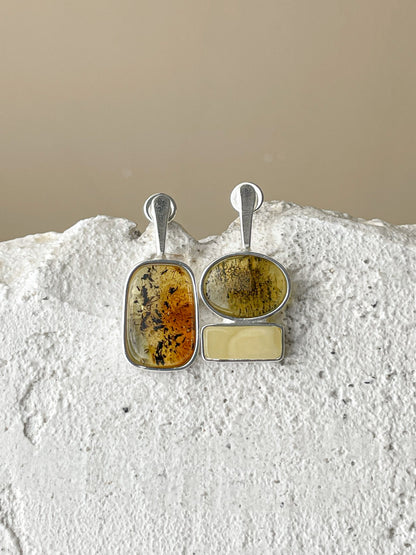 Multicolor amber stud earrings - Sterling silver - Mismatched earrings collection