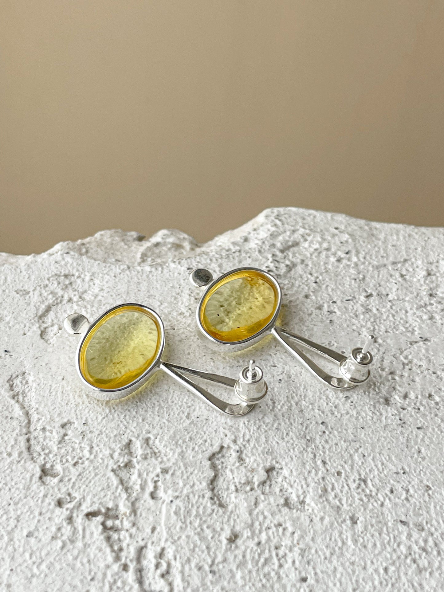 Clear amber stud earrings - Sterling silver - Mismatched earrings collection